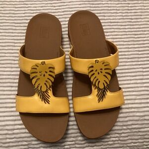 Yellow Slide Sandals with Leaf Accent